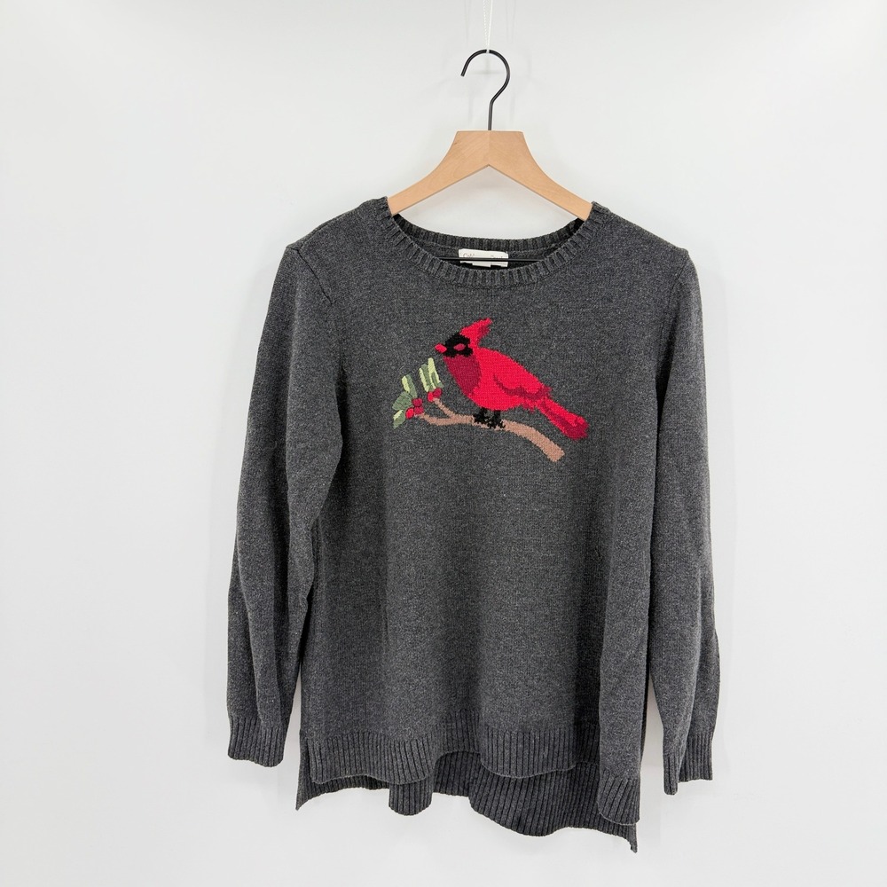 Coldwater Creek Gray Cardinal Bird Sweater Womens Size L Holiday Grandmacore